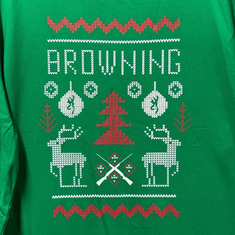 Browning Crewneck Sweatshirt Green Ugly Christmas Sweater Hunting Deer Tree - L